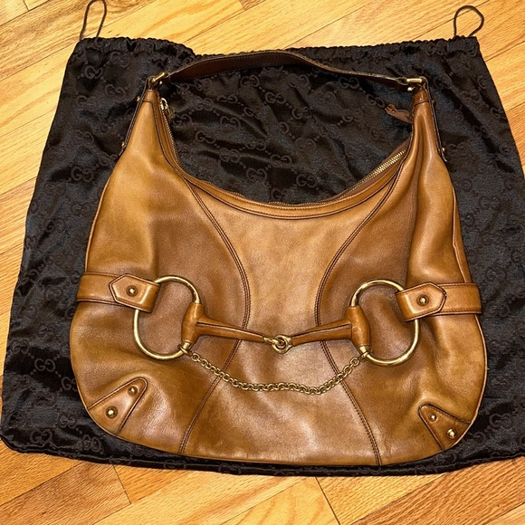 AUTHENTIC GUCCI TAN LEATHER HORSE BIT CHAIN HOBO STYLE HANDBAG PURSE & DUST BAG - Picture 1 of 16